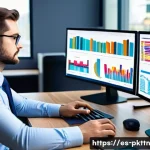 자연어 처리 모델 튜닝 시 활용할 수 있는 데이터 분포 - A professional data scientist analyzing complex data distributions on multiple computer screens in a...