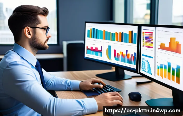 자연어 처리 모델 튜닝 시 활용할 수 있는 데이터 분포 - A professional data scientist analyzing complex data distributions on multiple computer screens in a...