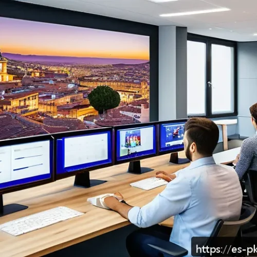 자연어 처리 모델의 지속적인 개선 방법 - A high-tech office environment in a modern Spanish city, featuring diverse professionals collaborati...
