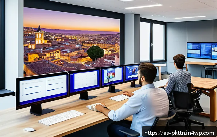 자연어 처리 모델의 지속적인 개선 방법 - A high-tech office environment in a modern Spanish city, featuring diverse professionals collaborati...