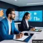 자연어 처리 모델 성능 비교 및 분석 - A futuristic office scene showcasing diverse professionals collaborating with advanced AI language m...