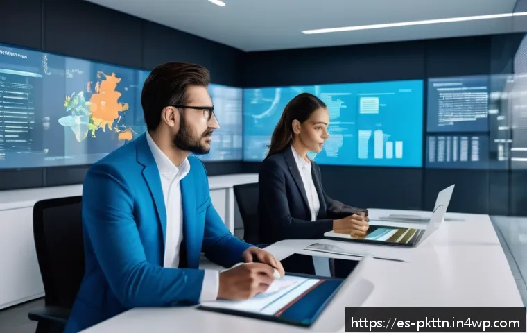 자연어 처리 모델 성능 비교 및 분석 - A futuristic office scene showcasing diverse professionals collaborating with advanced AI language m...